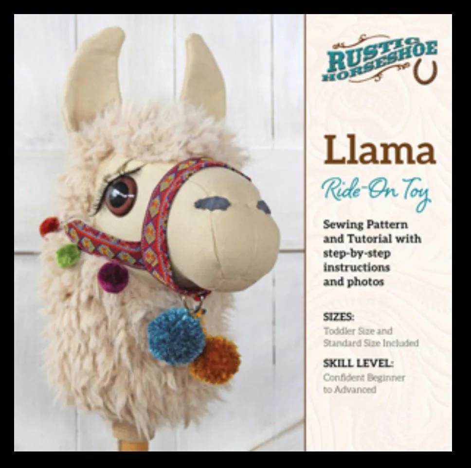 Handmade llama hobby horse with fluffy cream fur, big brown eyes, and colorful woven bridle with pom-poms